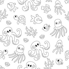 Vector black and white under the sea seamless pattern. Repeat line background with jellyfish, octopus, shells, tortoise, fish. Ocean life coloring page. Water animals and seaweeds line illustration