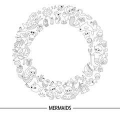 Vector black and white round frame wreath with mermaids. Underwater kingdom line card template with princess, fish, castle framed in circle. Marine fairytale border design or coloring page