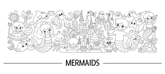 Vector black and white horizontal mermaids set. Underwater line kingdom card template, coloring page with ocean princess, prince. Marine fairytale characters for kids. Cute water border with sirens