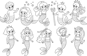 Vector black and white mermaids set. Underwater kingdom line collection with ocean princess, prince. Cartoon marine fairytale coloring page for kids. Water adventures clipart with sirens, mermen