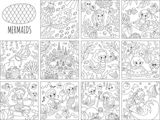 Vector black and white set of landscape illustrations with mermaid. Ocean or sea kingdom line scenes collection with marine princess, castle, treasure chest, prince. Square fairytale coloring page