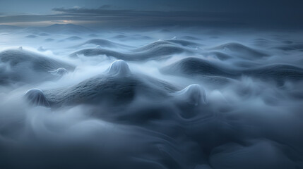 Fototapeta premium Misty mountain peaks emerge through clouds under a twilight sky, creating a serene and mystical landscape in this stunning photograph.
