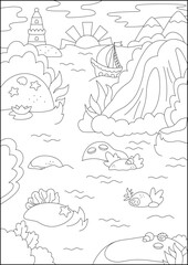 Vector black and white mermaid land landscape illustration. Marine lagoon background with waterfall, rocks, sailing ship. Empty ocean nature kingdom vertical line scene or coloring page