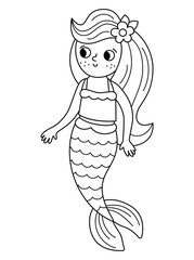 Fairy tale black and white vector mermaid. Fantasy fish girl isolated on white background. Fairytale sea princess. Treasure island, pirate, underwater adventure line icon. Cute siren coloring page
