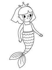 Fairy tale black and white vector mermaid. Fantasy fish girl isolated on white background. Fairytale sea princess. Treasure island, pirate, underwater line icon. Cute girlish siren coloring page