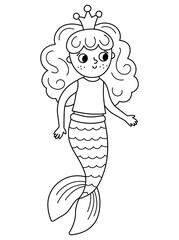 Fairy tale black and white vector mermaid. Fantasy fish girl isolated on white background. Fairytale sea princess. Treasure island, pirate, underwater adventure line icon. Cute siren coloring page