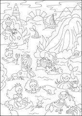 Vector black and white mermaid land landscape illustration. Marine prince and princess lagoon background with waterfall, rocks, treasure chest. Fairytale vertical line scene or coloring page