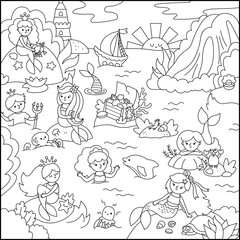 Obraz premium Vector black and white mermaid landscape illustration. Marine prince and princess lagoon coloring page with waterfall, lighthouse, ship, treasure chest. Fairytale ocean kingdom square scene