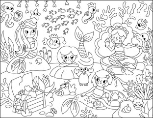 Vector black and white landscape illustration with mermaid friends. Ocean or sea kingdom scene with seaweeds, seahorse, marine princess, treasure chest. Cute square fairytale coloring page for kids