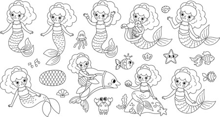 Vector black and white mermaids set. Underwater kingdom collection with ocean princess. Cartoon marine fairytale character for kids. Water adventures line clipart or coloring page with siren