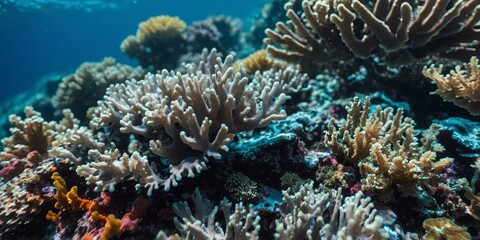 Obraz premium Close-up of a coral reef in the blue sea, microscopic underwater life.