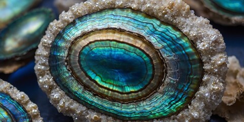 Obraz premium Close up of blue abalone pearl shell with shiny layers.