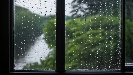 window with water droplets caused by rain , autumn vibes, copy space