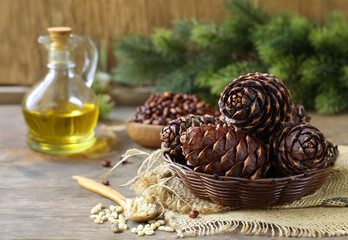 organic pine nut oil on wooden table