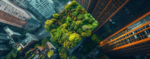 Fototapeta premium A bird's eye view of a city rooftop garden filled with plants.