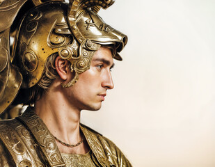Young macedonian king with a golden armor looking at his next conquests.