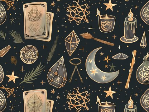 mystical witchcraft symbols on dark background
