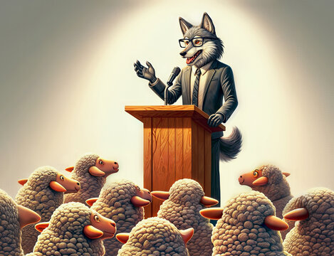 Charismatic wolf convincing a group of sheep to vote for him in the next election.