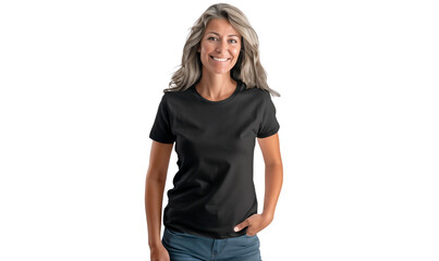 Fototapeta premium Portrait of stylish old woman in black t-shirt with smiling on face, isolated on transparent background