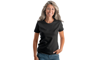 Portrait of stylish old woman in black t-shirt with smiling on face, isolated on transparent background