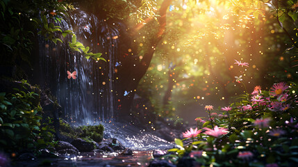 Fototapeta premium Bright Waterfall and tree with natural light surrounded by butterfly.