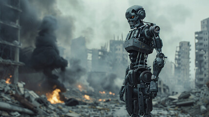 Naklejka premium Futuristic Robot Warrior Amidst War-Torn City Devastation - Dramatic Sci-Fi Scene with Copy Space