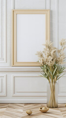 Elegant room interior with a blank frame and a vase of flowers