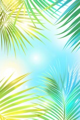 Obraz premium Green palm leaf on tropical sand beach with blurred blue sea with bokeh sun light. Summer vacation and travel concept. Background for card, banner, poster with copy space