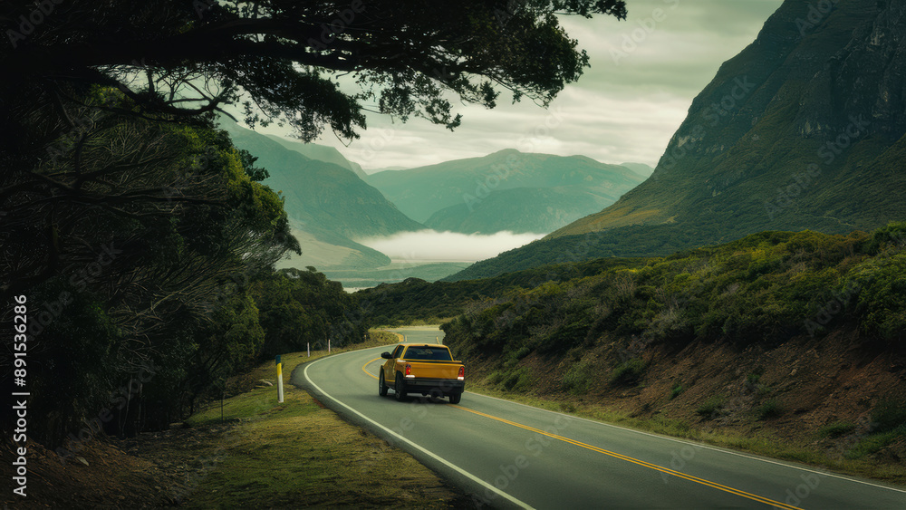 Canvas Prints A yellow truck driving down a road in the mountains, AI