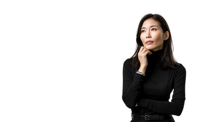 Fototapeta premium Woman thinking while looking up,doubtful and hesitant,isolated on white background,web banner.