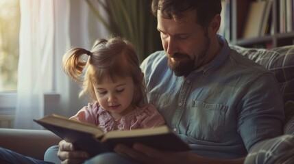 Father and Daughter Reading Book Together at Home, Close-up Portrait