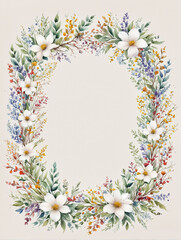 Obraz premium Watercolor Illustration of Delicate Meadow Flowers Frame on White Isolated Background, Emanating Warmth and Coziness in Artistic Design