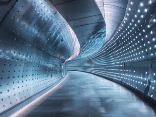Obraz premium Futuristic Tunnel with LED Lights and Metallic Panels - Architectural Design, Modern Architecture, Interior Design, Abstract Background, Technology