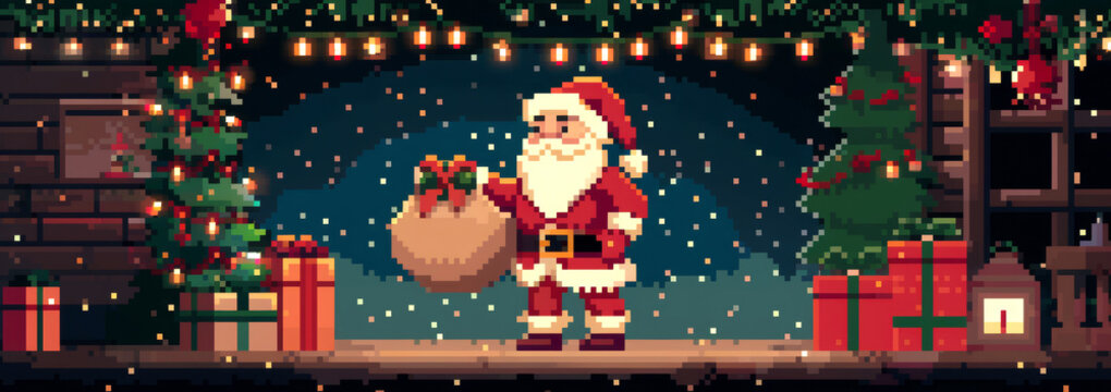 Santa Claus holding sack of presents in festive, snowy pixel 8 bit art scene, surrounded by christmas trees, gifts, and twinkling lights.