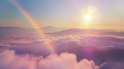 Fototapeta premium Magical rainbow landscape with beautiful sunrise, mountains, clouds and sun rays. Beautiful wallpaper and background