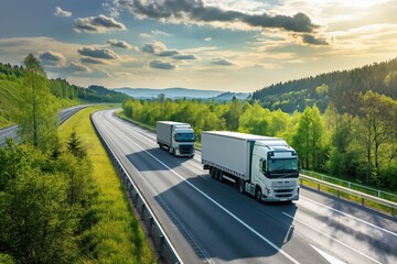 A photo of trucks travelling on a highway through the countryside. A freight transport and global logistics concept.