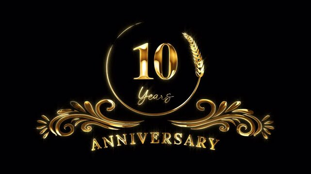 10th Anniversary Celebration. Golden 10 Years Anniversary Animation in Gold Color on the Transparent Background, Alpha Channel. Great for greetings, celebrations, events, and gifts.