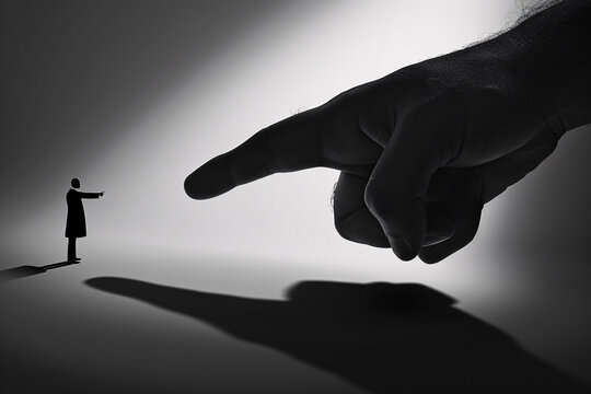 Silhouette of a large hand pointing at a distant figure, creating dramatic shadows