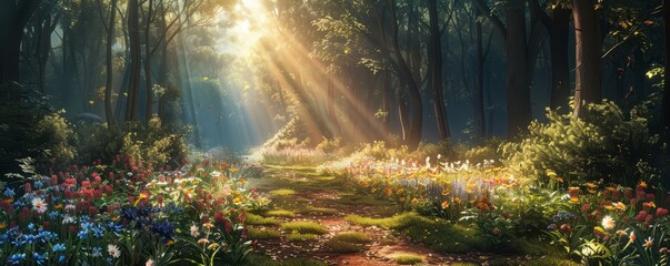 A sunlit forest path with wildflowers.