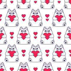 Seamless black and white outline pattern with a cat holding a red heart. Vector illustration in flat style on a background of red hearts
