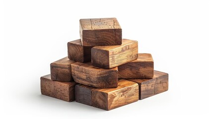 Stack of rustic wooden blocks arranged in a pyramid shape on a white background, capturing natural textures and earthy aesthetics.