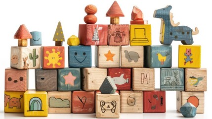 Colorful, painted wooden building blocks with various designs, neatly arranged and stacked, inspiring creative play and learning.
