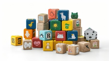 Colorful wooden toy blocks with various animal illustrations and letters stacked in a playful arrangement on a white background.