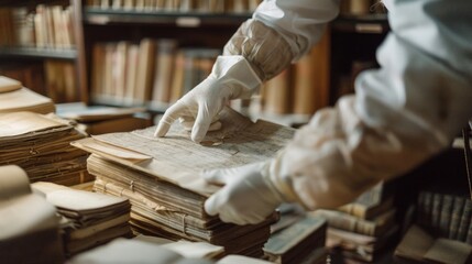 archivist wearing white gloves, handling a fragile, ancient document in a historical archive