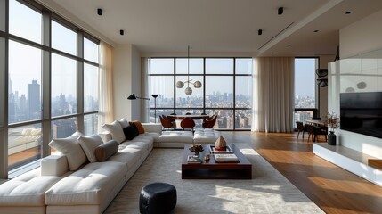 Spacious modern apartment with large panoramic windows and elegant furnishings offering stunning skyline views.