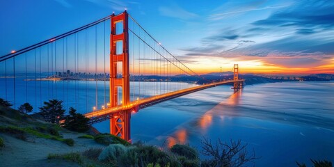 Panoramic view of the Golden Gate Bridge, iconic San Francisco landmark, historical site