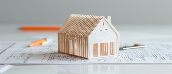 Architectural Model of Miniature House Frame with Popsicle Sticks, Caliper, and Highlighters on White Plans