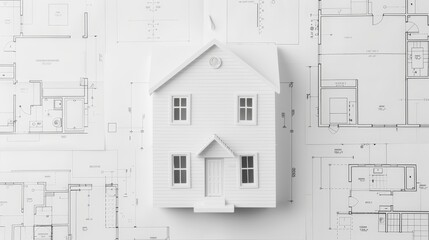 Detailed house model made of balsa wood on black and white blueprints, with an architect's scale and vintage drafting tools, classic and professional look