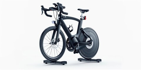 Fototapeta premium Sleek modern exercise bike on a white background, perfect for indoor cycling and fitness routines.