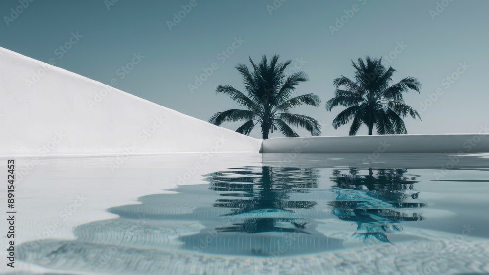 Poster a pool with two palm trees in the background and a reflection of them, ai